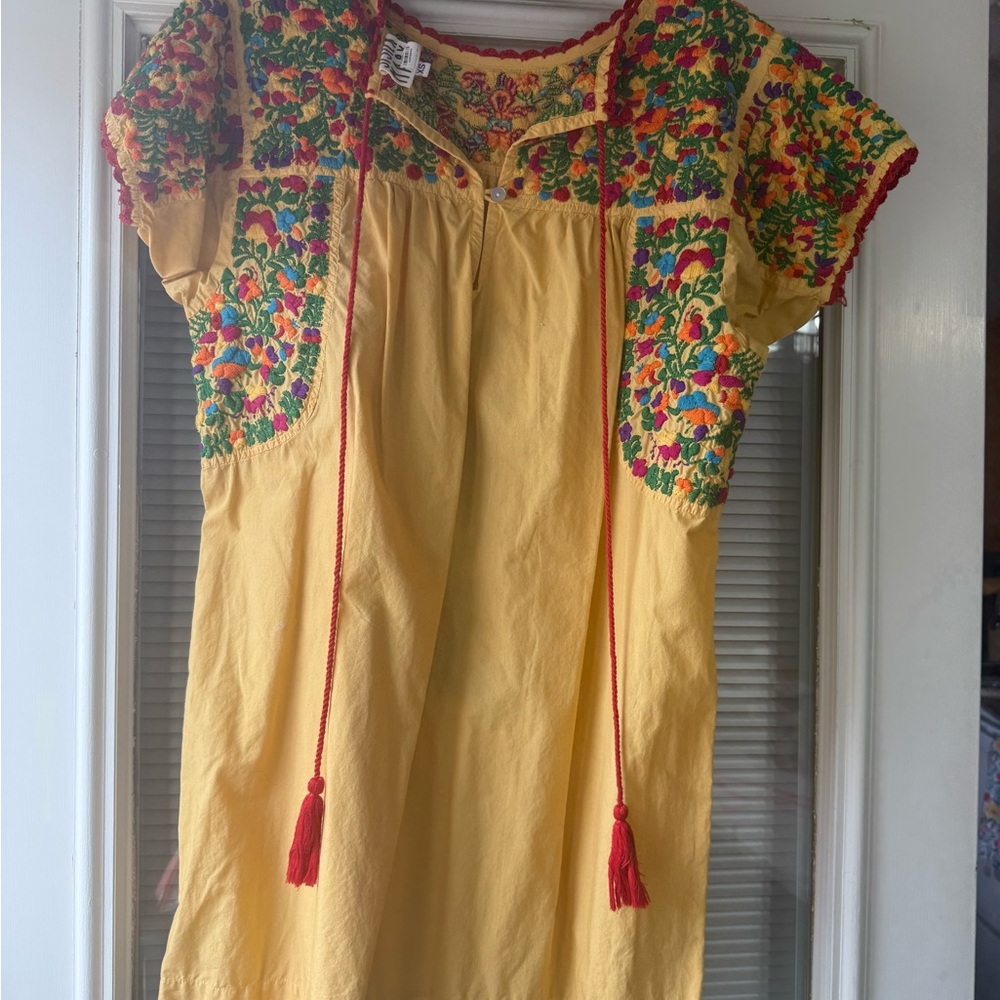 Yellow Embroidered Boho Mini Dress